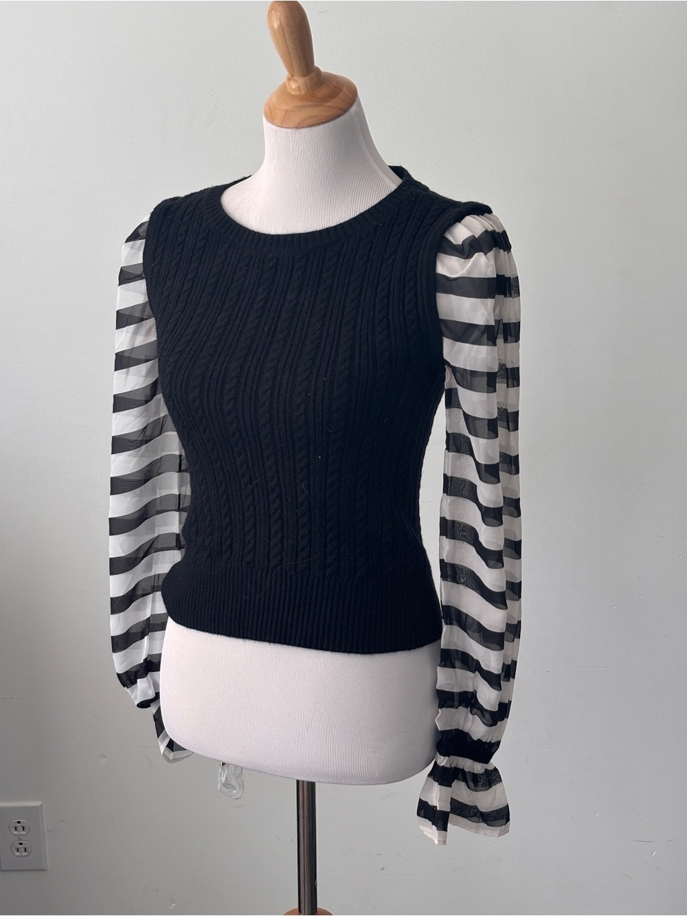 Maeve Anthropologie  Black Cable Knit Sweater with Sheer Striped Puff Sleeves